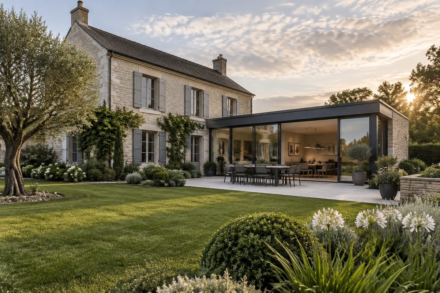 Maison en pierre avec une extension vitrée contemporaine, en fin d'après-midi